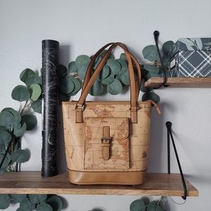 Unique Beige/Tan Leather/Polyester World Map Tote